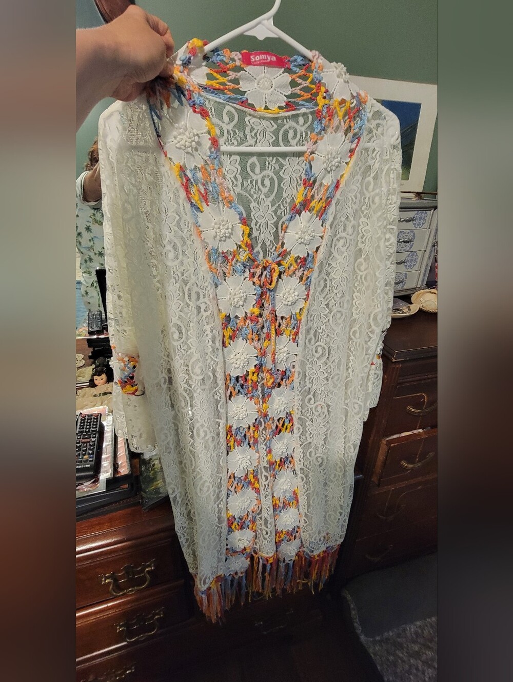 White Lace Boho Fringe Cardigan/ Swimsuit Cover Up with Colorful Crochet Trim